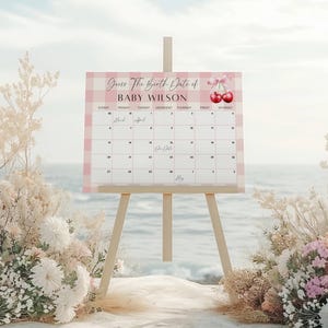 May include: Pink and white gingham baby shower sign with a calendar for guests to guess the baby's birth date. The sign says "Guess the birth date of Baby Wilson" and features a pink bow and cherries.