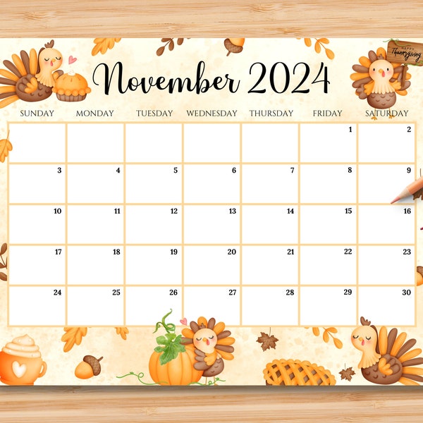 EDITABLE November 2024 Calendar, Happy Thanksgiving Planner, Beautiful Fall Autumn Printable Fillable Monthly Calendar, Instant Download