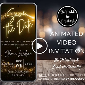 Invitación para guardar la fecha en video para cualquier evento, invitación animada para cumpleaños o bodas de Evite, ecológica, digital para smartphone, plantilla de Canva