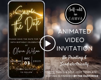 Video bewaar de datum voor elke evenementuitnodiging, geanimeerde verjaardag/bruiloftsfeest Evite, milieuvriendelijk, digitale smartphone-uitnodiging, Canva-sjabloon
