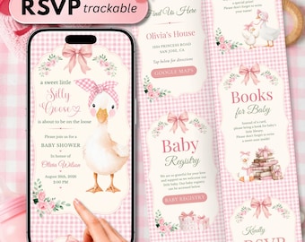 Editable Silly Goose Baby Shower Website Invitation, Online RSVP Digital Invite, Pink Gingham Girl Baby Shower, Mother Goose Canva Template
