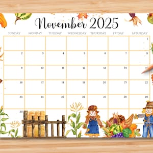 EDITABLE November 2025 Calendar, Harvest in the Countryside Thanksgiving Planner, Printable Monthly Calendar for Kid School Home Work Office