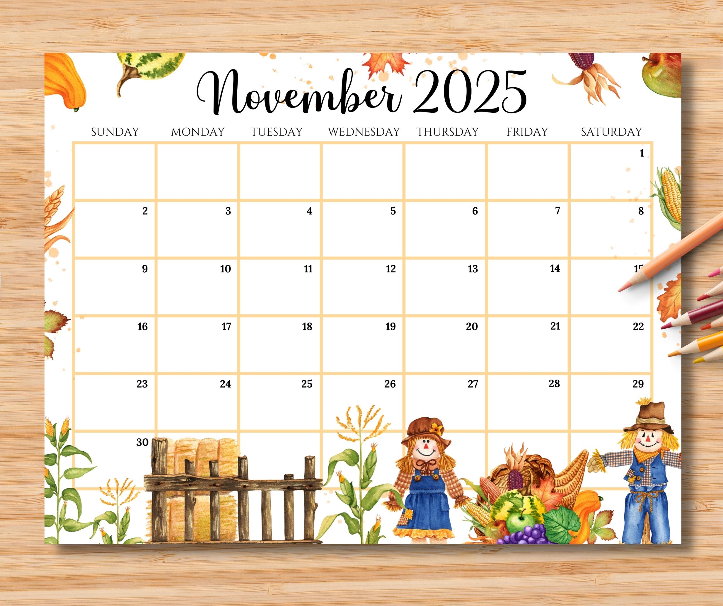 Calendario novembre 2025 MODIFICABILE, pianificatore del Ringraziamento per la raccolta in campagna, calendario mensile stampabile per bambini, scuola, casa, lavoro, ufficio