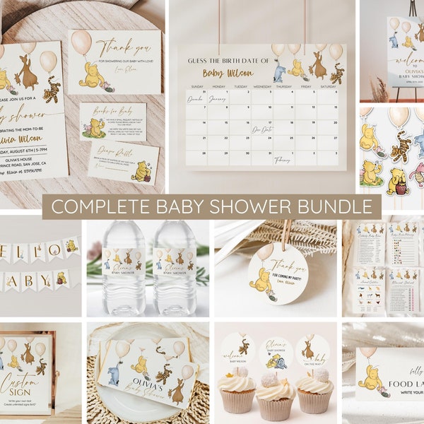 Winnie the Pooh Baby Shower Bundle, Editable Vintage Pooh Bear Party Invitation, Baby Shower Games, Welcome, Signs, Invites, Decor Printable