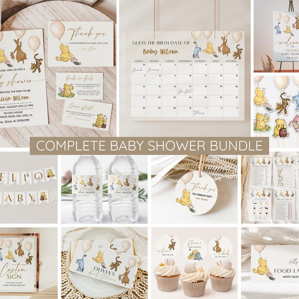 Winnie the Pooh Baby Shower Bundle, bearbeitbare Vintage Pooh Bear Party Einladung, Baby Shower Spiele, Willkommen, Schilder, lädt ein, Dekor druckbar