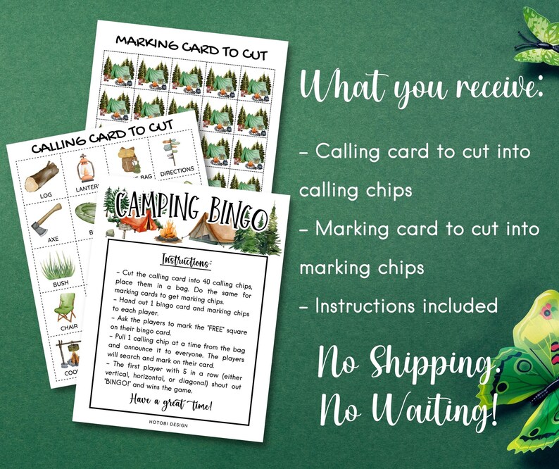 Peut inclure: Un jeu de bingo de camping imprimable avec un design aquarelle. Le jeu comprend une carte d'appel, des cartes de marquage et des instructions. La carte d'appel contient des images d'articles de camping comme une lanterne, une hache et une tente. Les cartes de marquage ont une grille de cases avec des images d'articles de camping. Les instructions expliquent comment jouer au jeu.