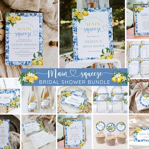 Mediterranean Lemon Bridal Shower Invitation Bundle, Main Squeeze Bridal Invite & Games, Italian Blue Tiles Amalfi Coast, Editable Template