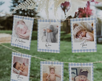 Bewerkbare blauwe pastel maandelijkse mijlpaalfotokaarten, moderne verjaardagsbanner verjaardagsdecoratie, jongen 1e verjaardag, afdrukbaar, direct downloaden