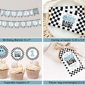 May include: A collection of party decorations with a checkered pattern and the text "Happy Birthday" and "One Happy Dude." Includes a banner, candy wrapper, cupcake toppers, and favor tags.