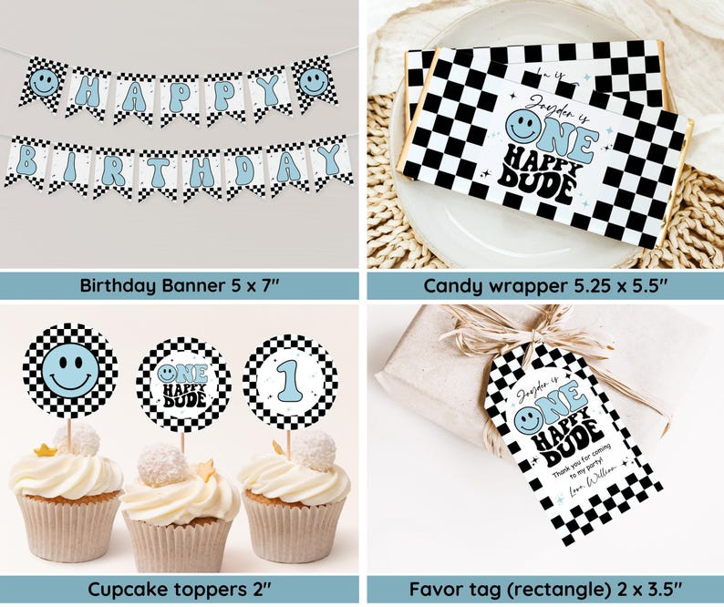 May include: A collection of party decorations with a checkered pattern and the text "Happy Birthday" and "One Happy Dude." Includes a banner, candy wrapper, cupcake toppers, and favor tags.