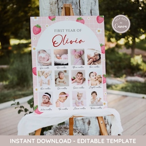 Póster con foto de cumpleaños de bayas, plantilla de póster de fresa, imagen de primer cumpleaños de bayas, decoración de cumpleaños, cumpleaños de niña, descarga instantánea editable