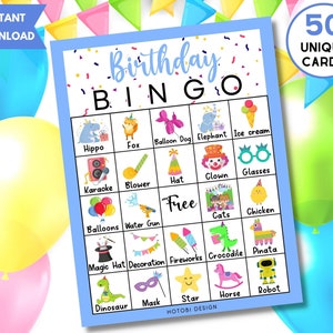 Druckbares Geburtstags Bingo Spiel (Junge), 50 einzigartige Bingokarten mit Etiketten, Geburtstagsaktivität für Kinder und Jugendliche, lustige Partyspiele, Sofort Download