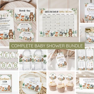 Woodland Baby Shower Bundle, Editable Woodland Animal Set, Baby Shower Invitation Game Pack, Woodland Animal Baby Shower, Gender Neutral