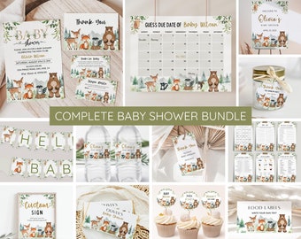 Waldtier-Babyparty-Bundle, bearbeitbares Waldtier-Set, Babyparty-Einladungs-Spielpaket, Waldtier-Babyparty, geschlechtsneutral
