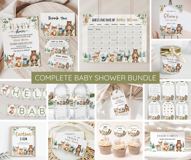 Pu&ograve; includere: Un set completo per baby shower a tema bosco. Il set include inviti, biglietti di ringraziamento, etichette per alimenti, etichette per bottiglie d'acqua, decorazioni per cupcake, un cartello e giochi. Il design presenta un'illustrazione ad acquerello di animali del bosco, tra cui un orso, un cervo, una volpe e un gufo.