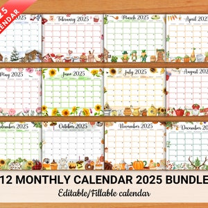 EDITABLE Watercolor Calendar 2025 Bundle, Printable Fillable Monthly Schedule 2025 for Work, School & Office, Editable PDF, Instant Download