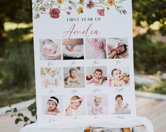 Poster photo d'anniversaire de fleurs sauvages, petit tableau d'image premier anniversaire de fleurs sauvages, panneau d'étape important pour fille 1er anniversaire, fleurs sauvages florales, modifiable