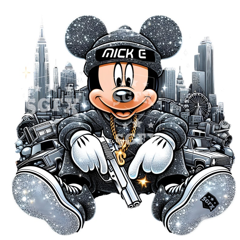 Puede incluir: Una ilustraci&oacute;n de dibujos animados de Mickey Mouse con un gorro negro y blanco con la palabra "NICK E" en &eacute;l, una cadena de oro y un atuendo negro y blanco. Est&aacute; sosteniendo una pistola plateada y sentado frente a un horizonte de ciudad.