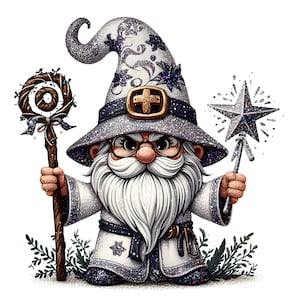 May include: A whimsical gnome with a white beard and a pointed hat adorned with silver glitter. He is holding a wooden staff with a wreath on top and a silver star wand.