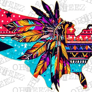 May include: A colorful illustration of the United States of America with a Native American headdress over the top. The headdress is made of feathers in shades of red, yellow, blue, and purple.