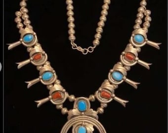 Navajo Patricia Platero (RIP) Sterling Silver Turquoise Coral  Squash Blossom