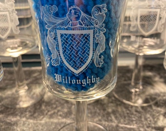 Set of Eight Wine Glasses Personalized Surname Willoughby With Family Seal