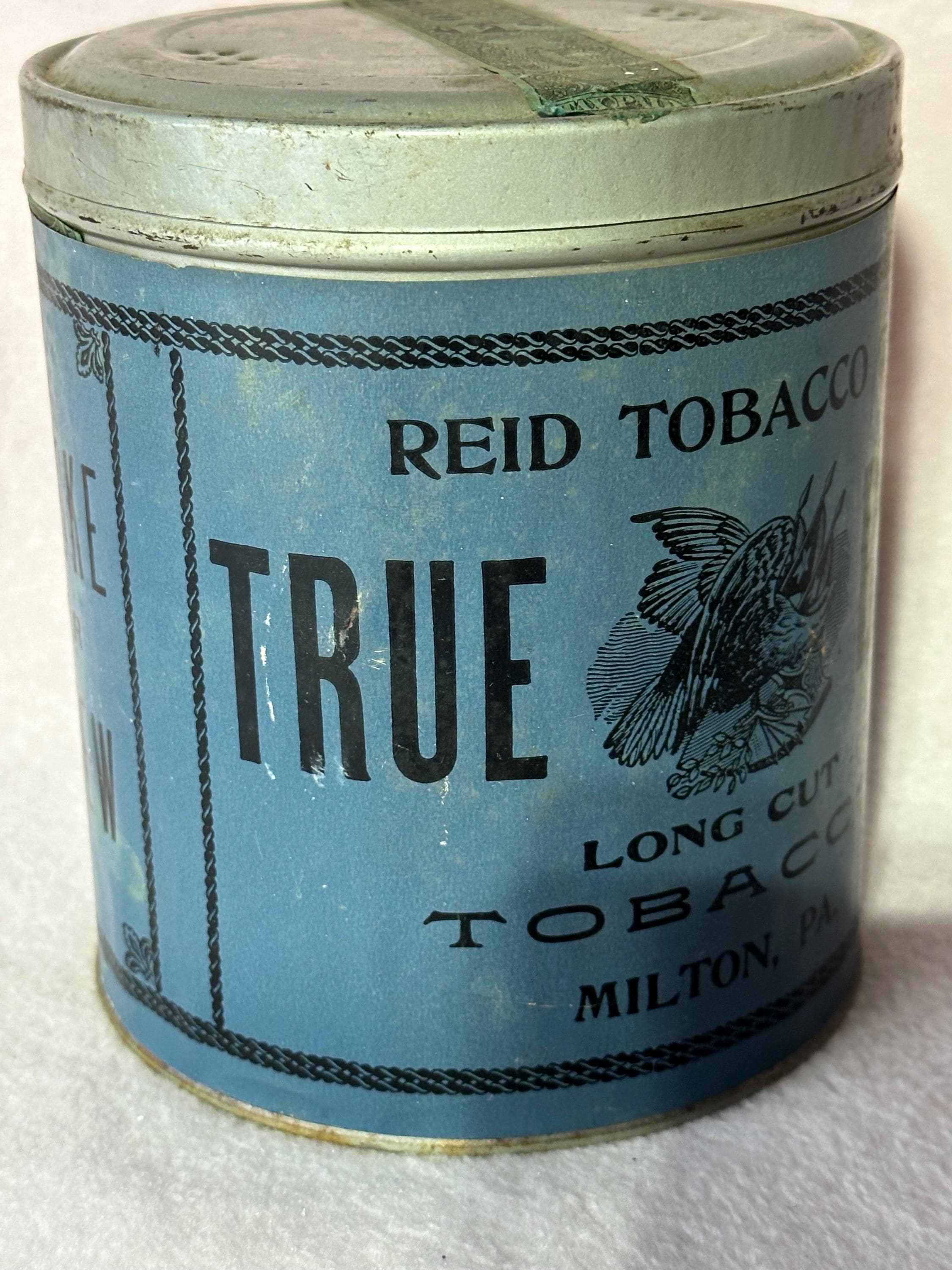true blue tobacco Vintage TRUE BLUE TOBACCO Tin Empty Paper Label With Tax Stamp Beautiful  Inside