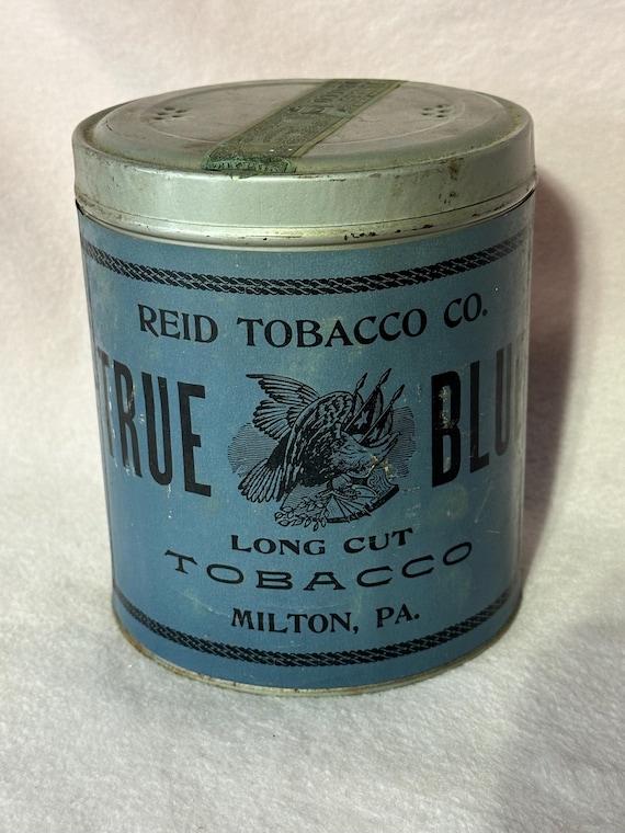 tobacco blue color Vintage TRUE BLUE TOBACCO Tin Empty Paper Label With Tax Stamp Beautiful  Inside