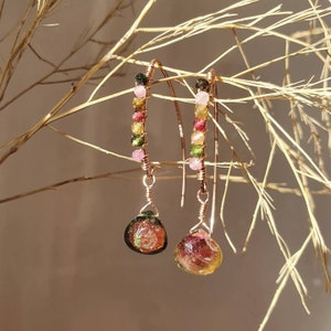 Gold earrings filled with multicolored tourmaline stones