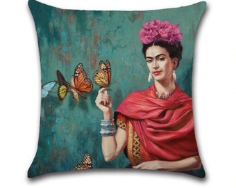 Mexican  Artist Pillow Decorative Cushion, Cover Only, Self Portrait, Mexican Painter Art, Pink pillow, Mexican Painter