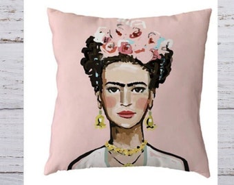 Mexican  Artist Pillow Decorative Cushion, Cover Only, Self Portrait, Mexican Painter Art, Pink pillow, Mexican Painter