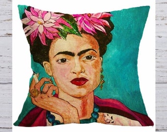 Mexican  Artist Pillow Decorative Cushion, Cover Only, Self Portrait, Mexican Painter Art, Pink pillow, Mexican Painter