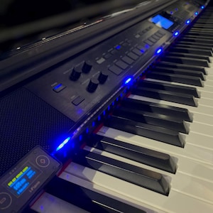 Peut inclure: Un clavier num&eacute;rique noir dot&eacute; d'une s&eacute;rie de touches blanches et noires, d'un panneau de commande avec divers boutons et molettes, et d'un petit appareil rectangulaire fix&eacute; sur le c&ocirc;t&eacute; avec un &eacute;cran num&eacute;rique bleu et le texte L-Piano.
