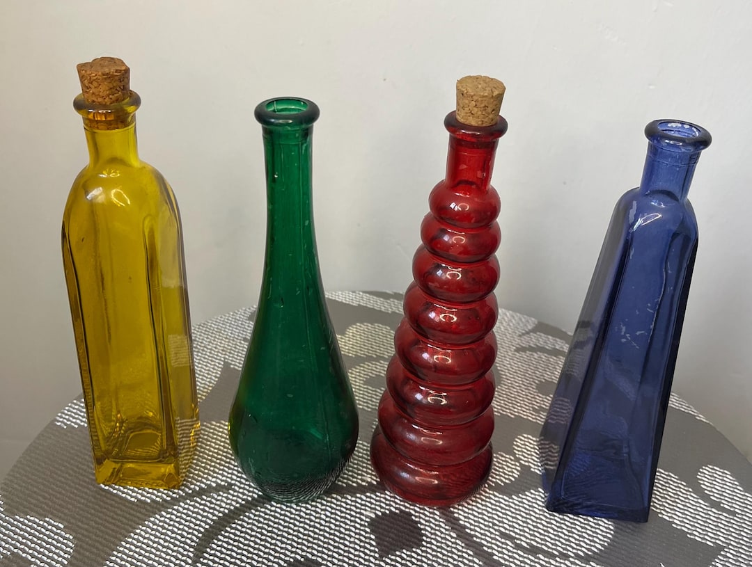 Set of 4 Vintage Colored Glass Bottles With Corks - Etsy