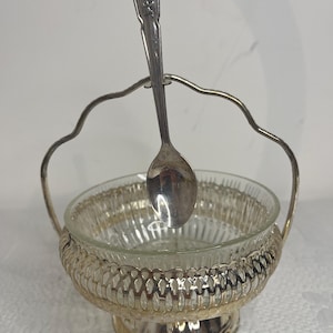 Vintage French Jam or Caviar Server Set | Glass Bowl with Silver Plated Holder & Spoon | Antique Condiment Dish | Elegant Tableware