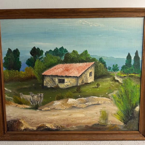 Vintage Provence Landscape Painting, French Countryside Oil Painting, Sheep Farmhouse Art, Framed Original Wall Art, Rustic Cottage Deco