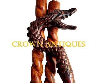 Crafted Dragon Head Handle Victorian Walking Stick Designer Wooden Spiral Cane Walking Stick Gift