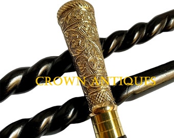 Designer Brass Handle Walking Stick Carved Handle Victorian Wooden Spiral Cane