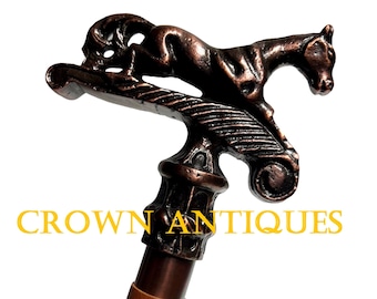Victorian Horse Handle Walking Stick: Leather Carved Spiral Cane