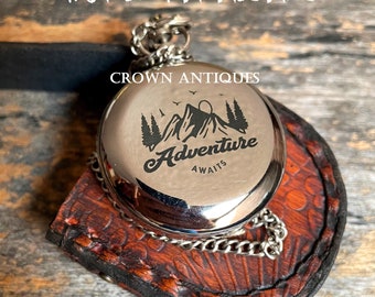 Personalized Silver Brass Compass: Engraved Leather Case, Push Button