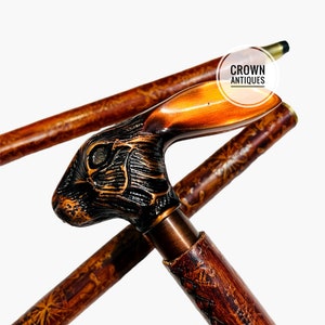 Handcrafted Rabbit Handle Walking Cane: Leather Carved Wooden Stick