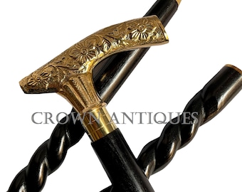Victorian Brass Handle Walking Stick Designer Spiral Wooden Cane Victorian Derby