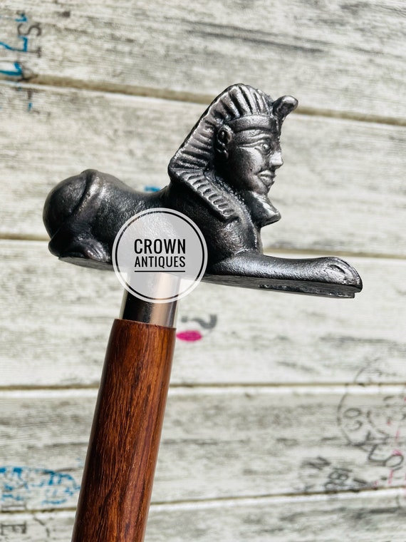 Handcrafted Egyptian Sphinx Walking Cane Designer Carved Handle Wooden Derby Unisex Cosplay Stick