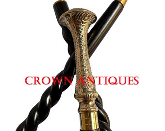 Carved Brass Handle Walking Cane: Royal Victorian Style Rosewood Stick