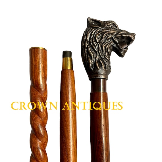 Canne De Marche Ancienne Tête De Louveteau En Aluminium Et Bois - Réglable 36-37 Pouces, Inde