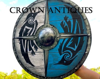 Escudo nórdico viking artesanal de madeira, medieval, para batalha, com design de corvo duplo e Odin, para cosplay ou presente.