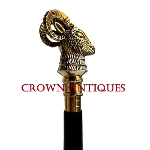 Victorian Brass Sheep Handle Walking Cane, Vintage Walking Stick, Leather Carved Designer Victorian Derby Cane, Unisex Cosplay Cane Gift