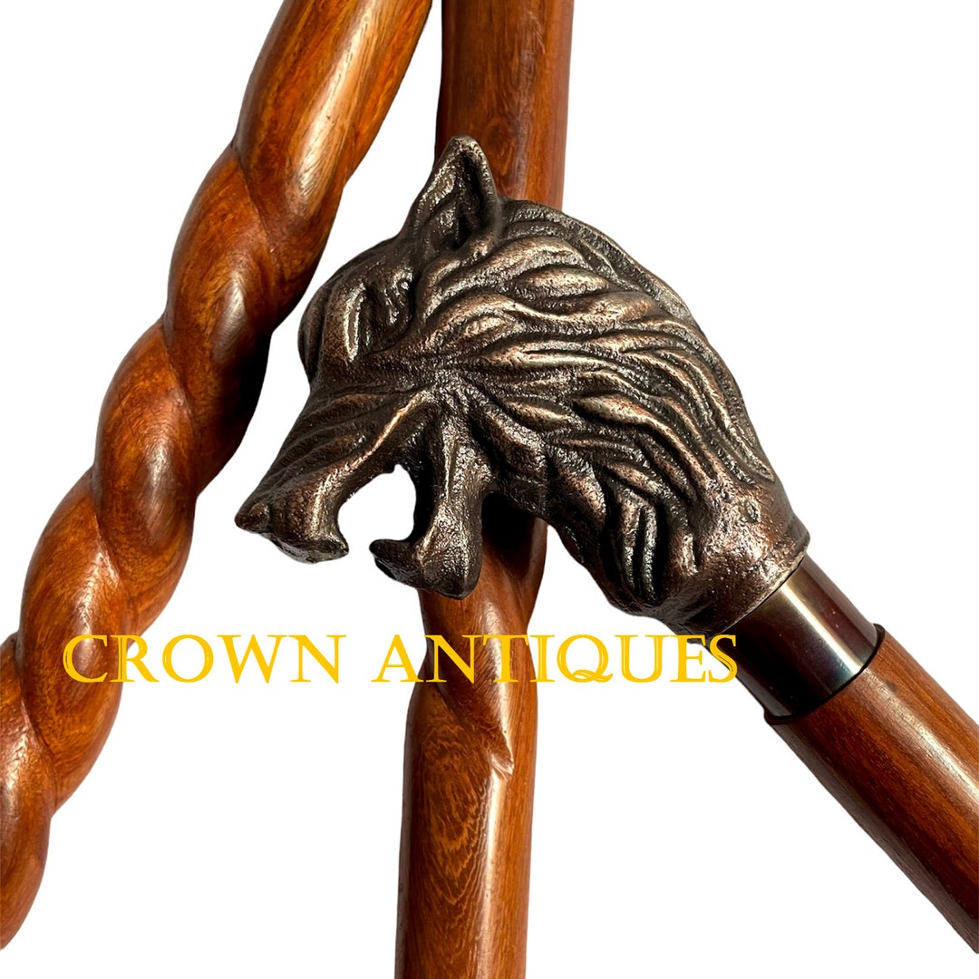 Authentic Victorian Wolf Head Walking Stick Designer Leather Carved