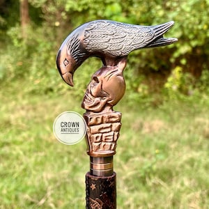 Hand Carved New Raven Skull Walking Cane, Trekking Companion Cane, Mythical Majesty Wooden Walking Stick Designer Handcrafted Leather Cane