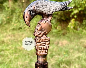 Hand Carved Raven Skull Walking Cane Designer Leather Carved Wooden Stick Unisex Gift Derby